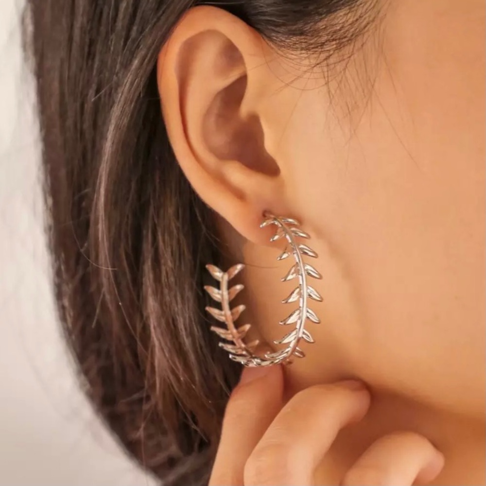 NEW Silver Leaf Branch Hoop Earrings